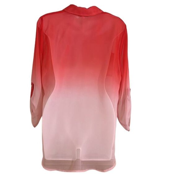 HALO Women's Ombré Dip Dye Button Tab Sleeve Sheer Blouse in Coral Size Medium - Picture 7 of 12